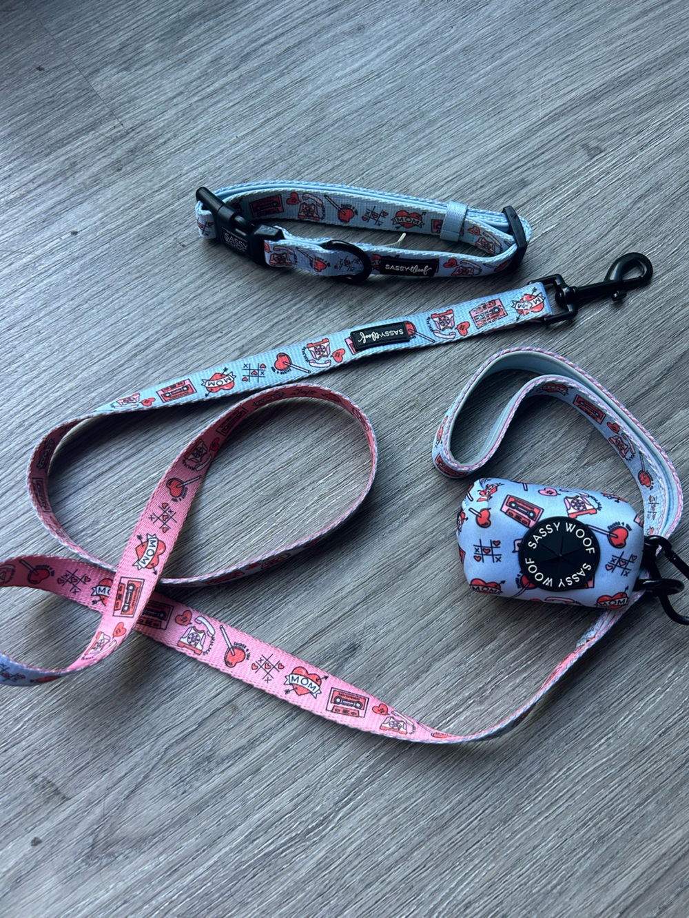 Sassy Woof Mama’s Boy Dog Walk Set • collar fabric leash waste bag holder